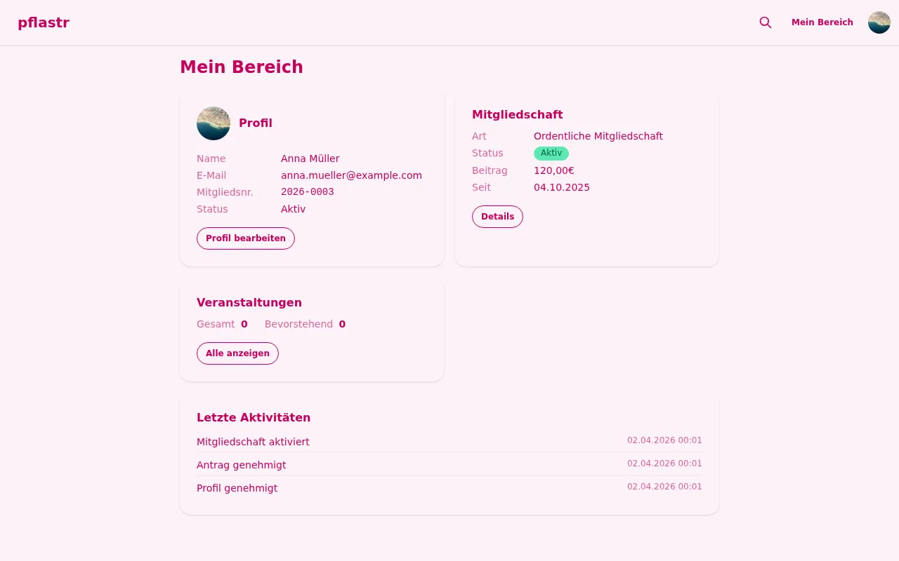 Mitglieder-Dashboard mit Profil, Mitgliedschaft und Aktivitätslog