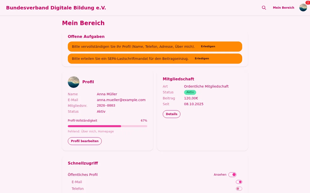 Mitglieder-Dashboard mit Profil, Mitgliedschaft und Aktivitätslog