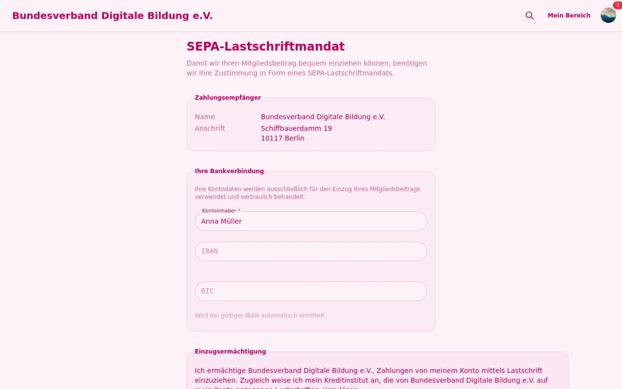 SEPA-Mandatserteilung mit IBAN-Validierung