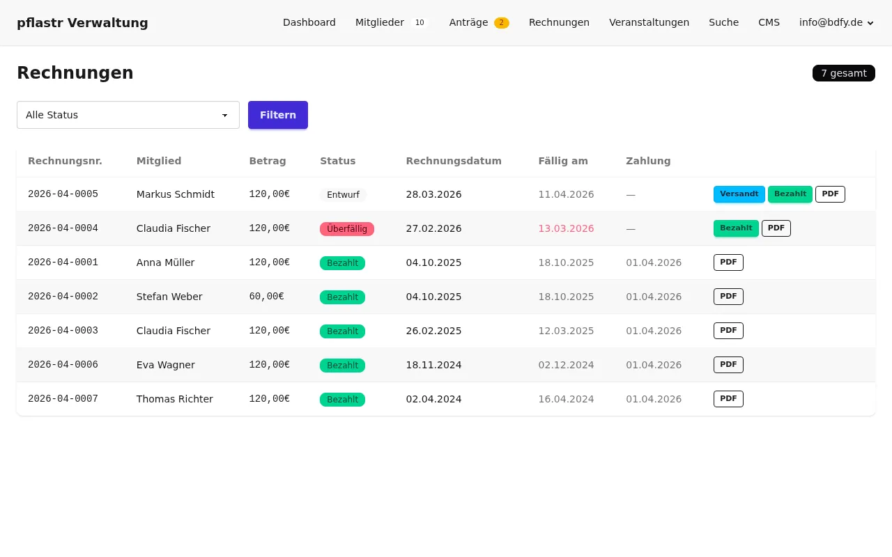 Rechnungsverwaltung mit Status und Filteroptionen