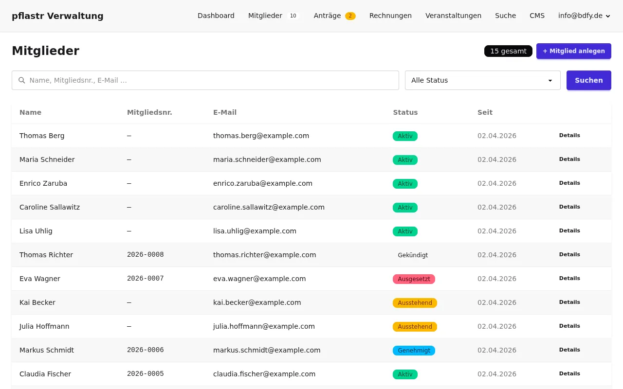Mitgliederliste mit Suche, Filter und Statusanzeige