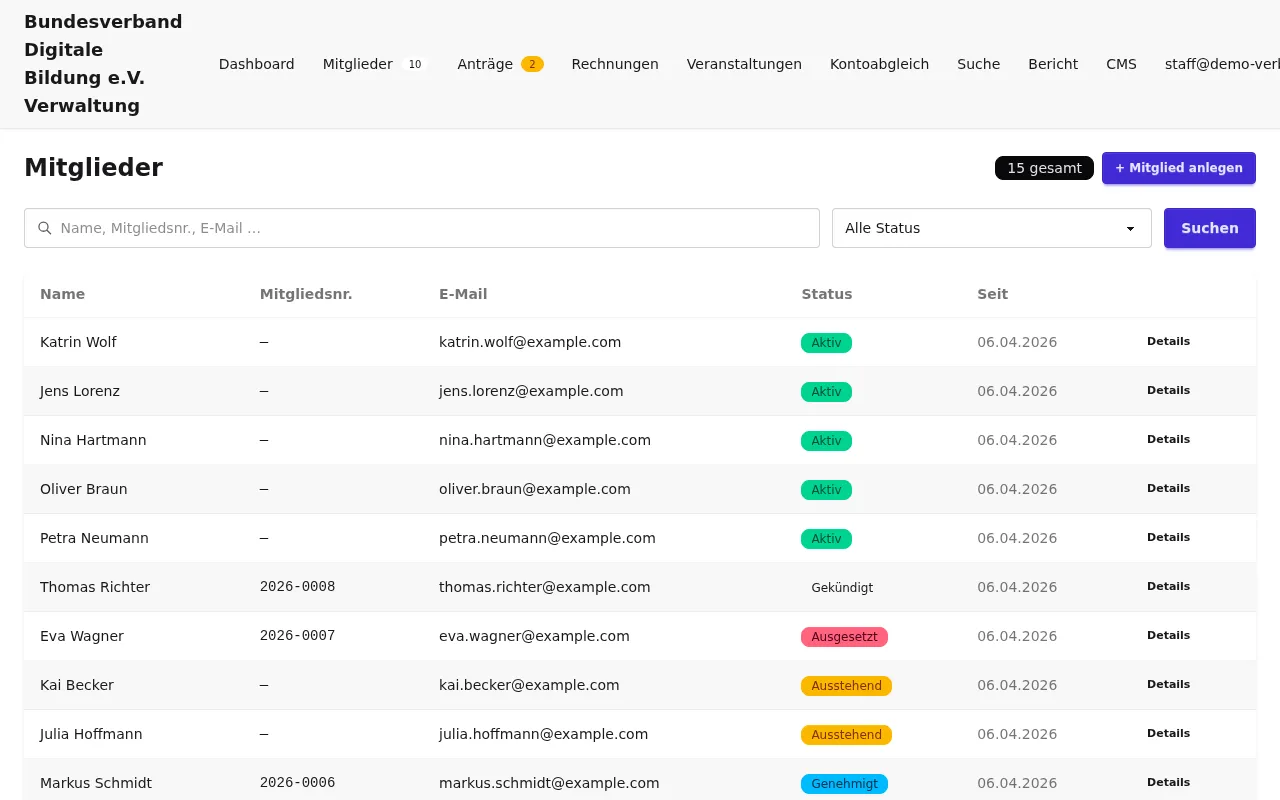 Mitgliederliste mit Suche, Filter und Statusanzeige